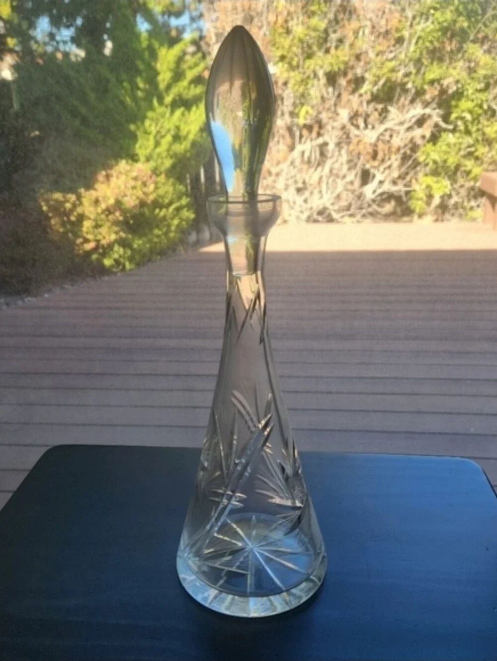 Vintage Cut Crystal Decanter | Tall Conical Body | Starburst Fan Cuts | Elongate
